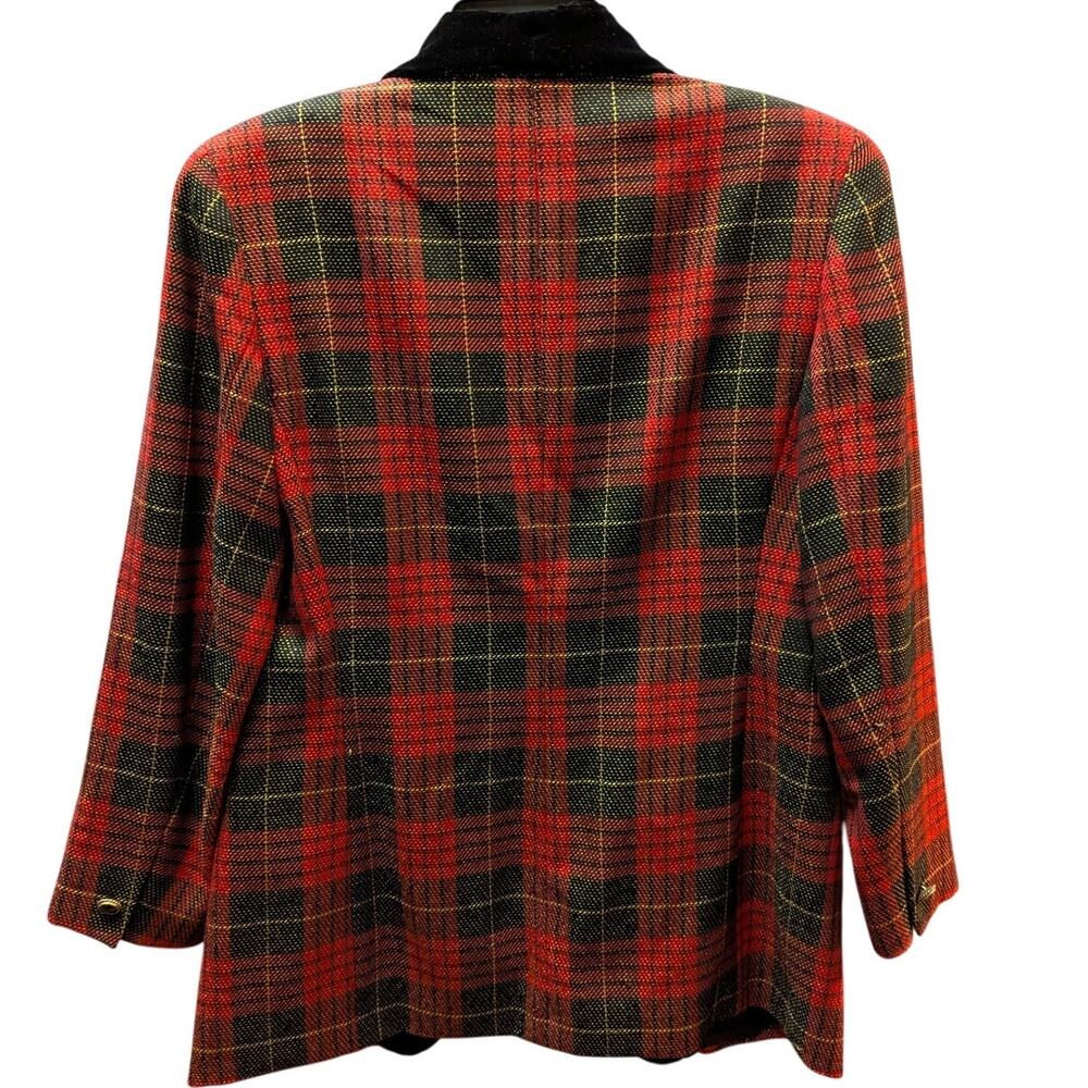 Vintage Anne Klein II Red Tartan Plaid Velvet Collar Blazer 8 Petite Wide lapel - Picture 8 of 9